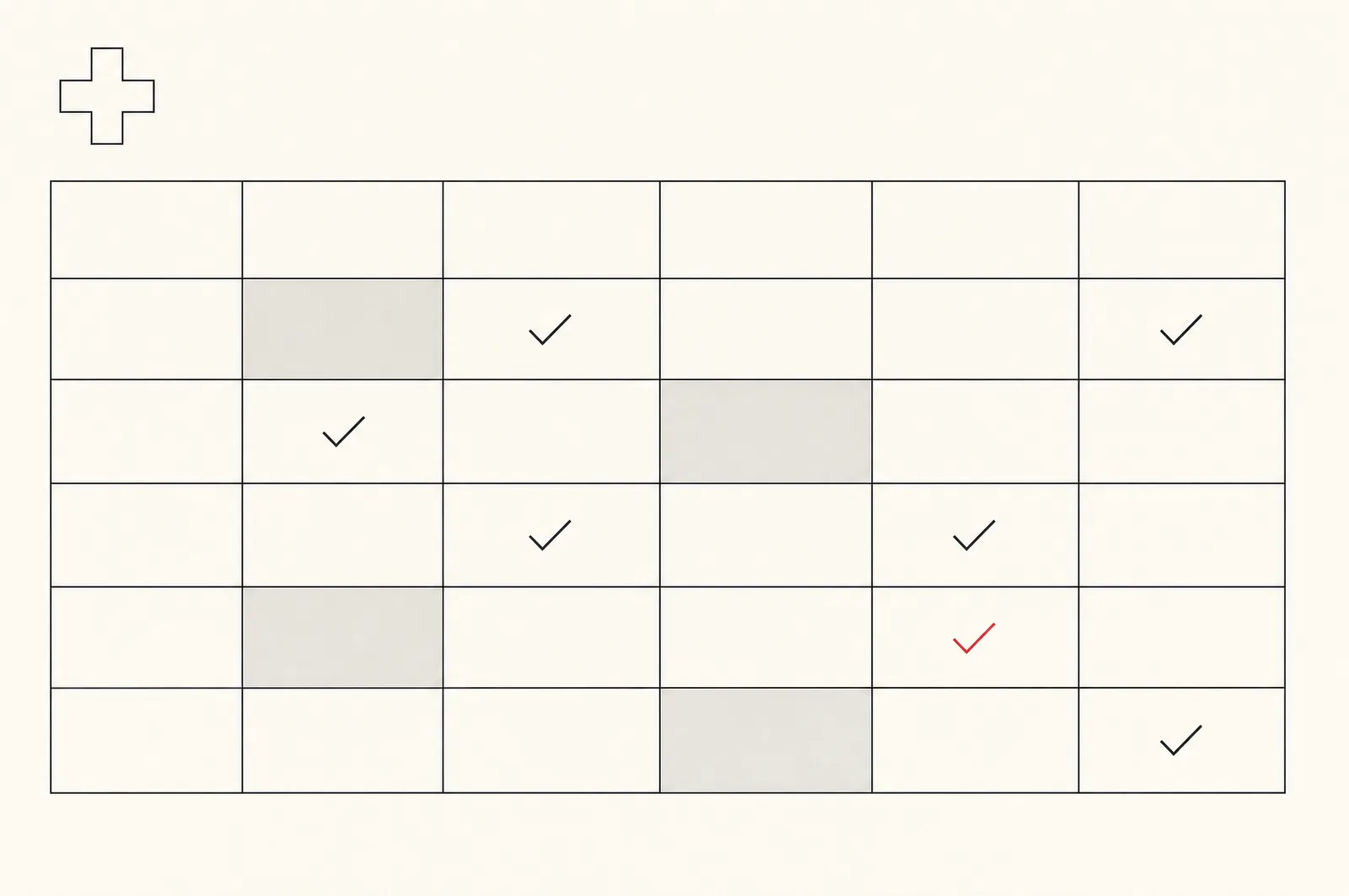 Line illustration: a comparison grid with empty cells, a few grey cells and check marks, a medical cross in the corner, one red check