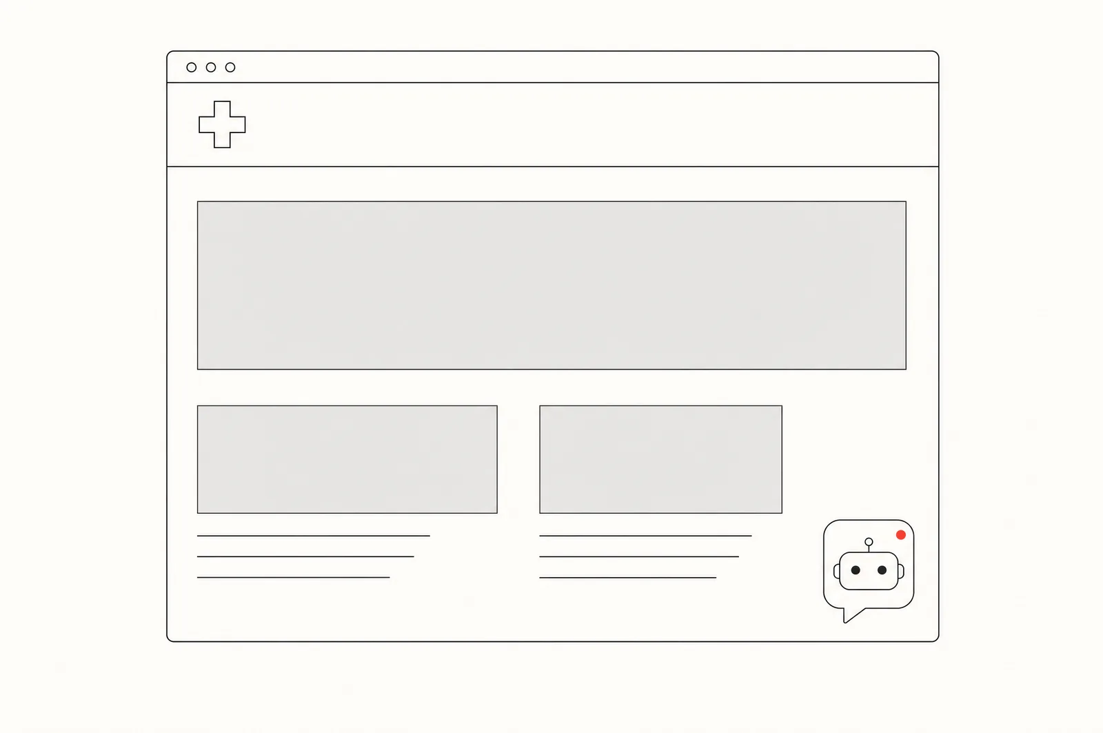 Line illustration: a hospital website wireframe with a medical cross in the header and a chatbot bubble in the corner, marked with a red dot