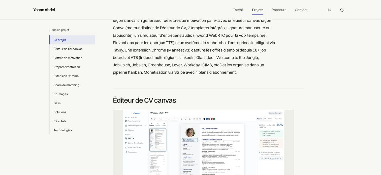 Fiche JobSwiper : chapitre Éditeur de CV canvas surligné dans le sommaire à gauche, capture et explication à droite