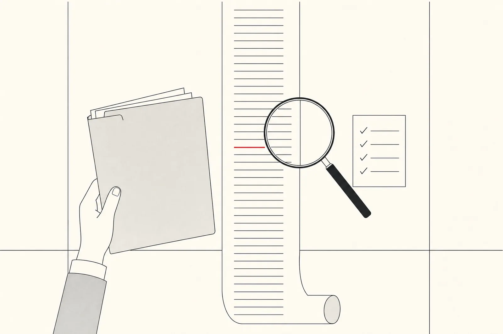 Illustration au trait : un dossier client tenu face à une longue liste de noms, une loupe, une checklist, un seul enregistrement marqué en rouge