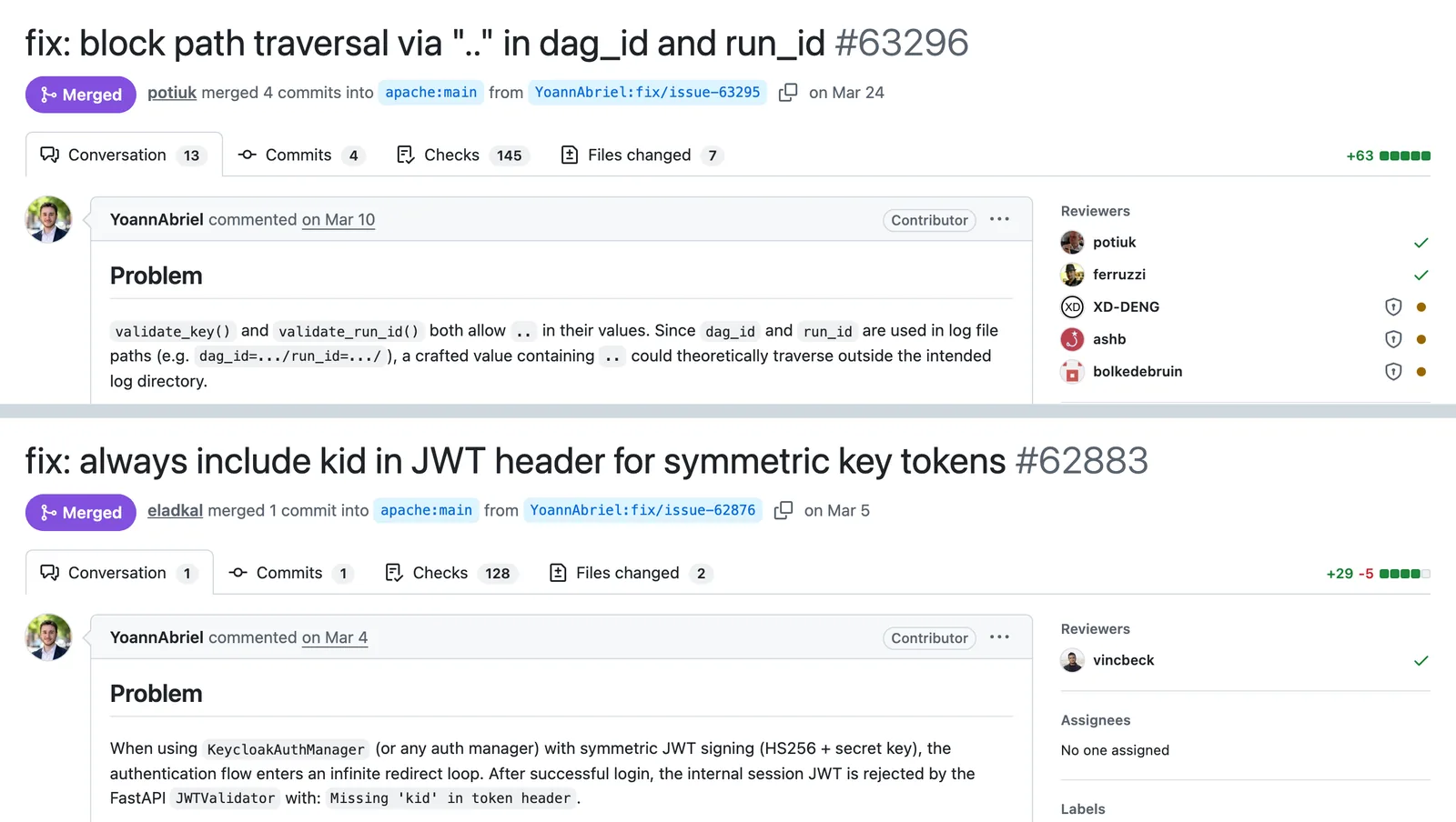 En-têtes GitHub de deux pull requests mergées : blocage du path traversal via dag_id et run_id, et ajout du kid dans l'en-tête JWT, avec le début de la description du problème