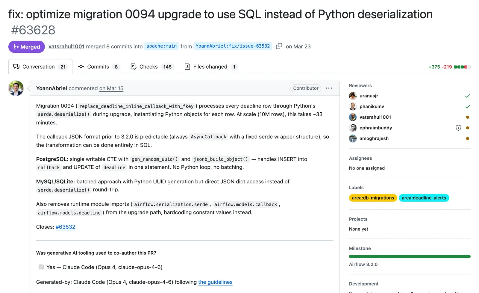 Page GitHub de la PR 63628 mergée : optimisation de la migration 0094 en SQL au lieu de la désérialisation Python, avec la description et les cinq reviewers