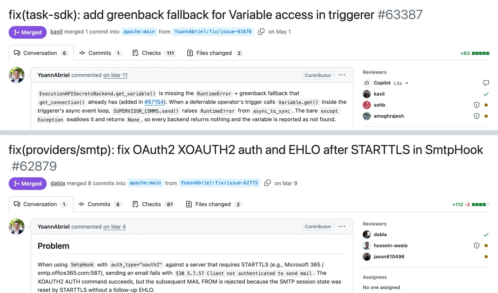En-têtes GitHub de deux pull requests mergées : fallback greenback pour l'accès aux Variables dans le triggerer (task-sdk) et correctif OAuth2 XOAUTH2 du SmtpHook (provider SMTP)