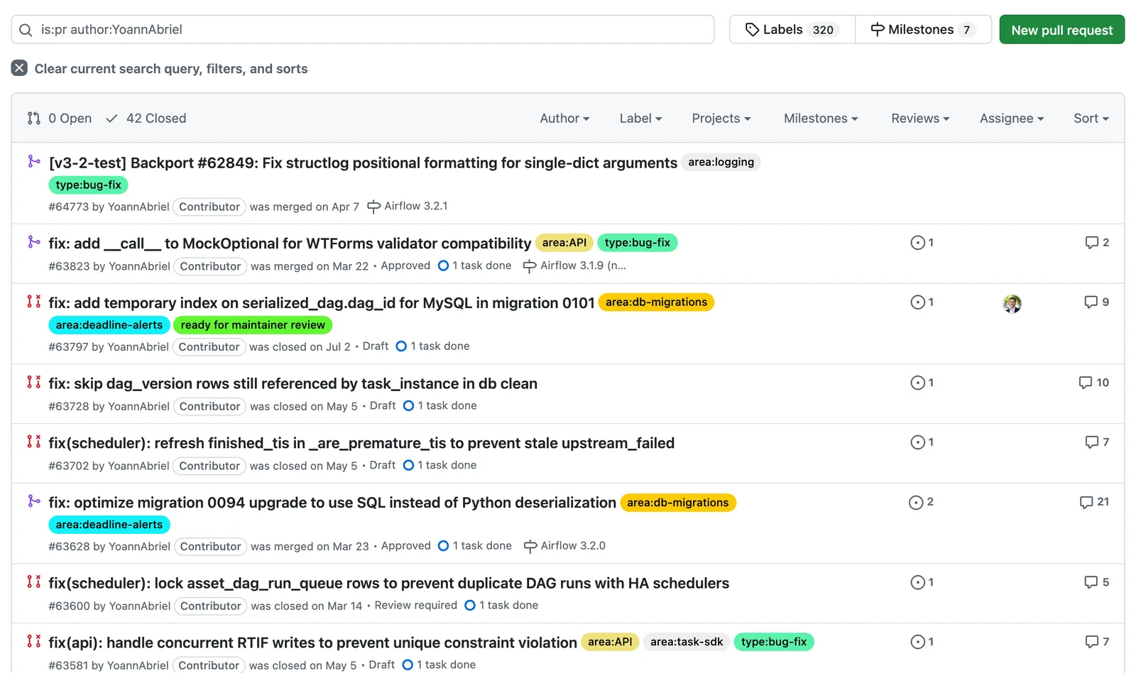 Liste GitHub des pull requests de l'auteur YoannAbriel dans apache/airflow, 42 au total (0 ouverte, 42 fermées), mêlant PRs mergées et PRs fermées