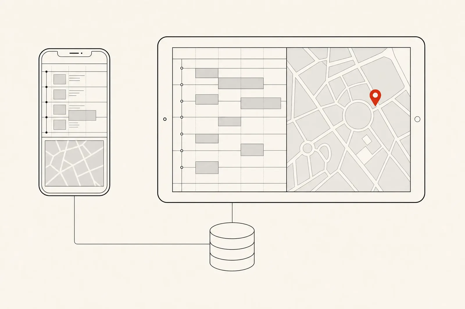 Line illustration: a phone and a tablet wireframe showing a festival schedule and map, linked by a thin line to a database, one red pin on the map