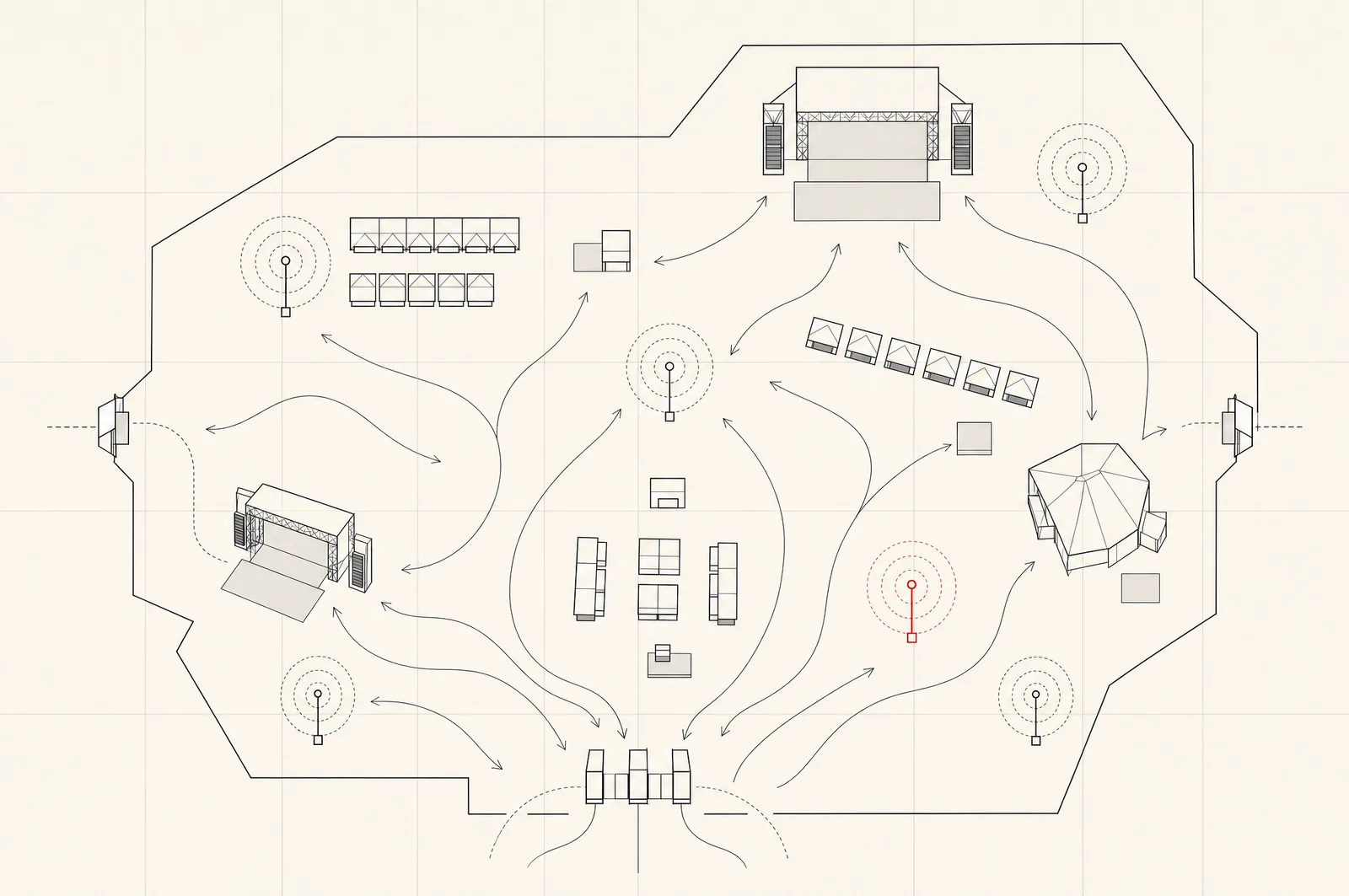 Line illustration: a festival map from above, stages, stands, gates, crowd flows and IoT beacons, one beacon in red