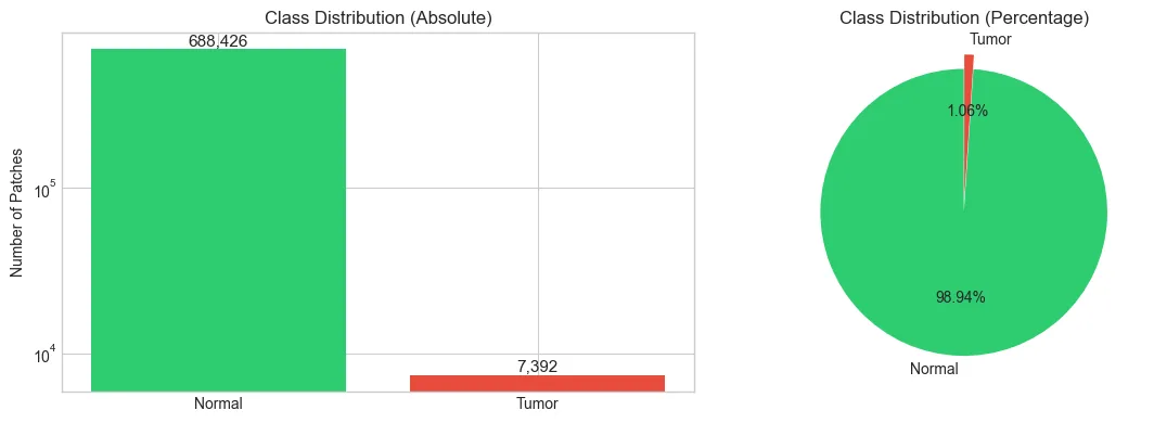 Log-scale bar chart and pie chart: 688,426 normal patches, 7,392 tumor patches (1.06%)