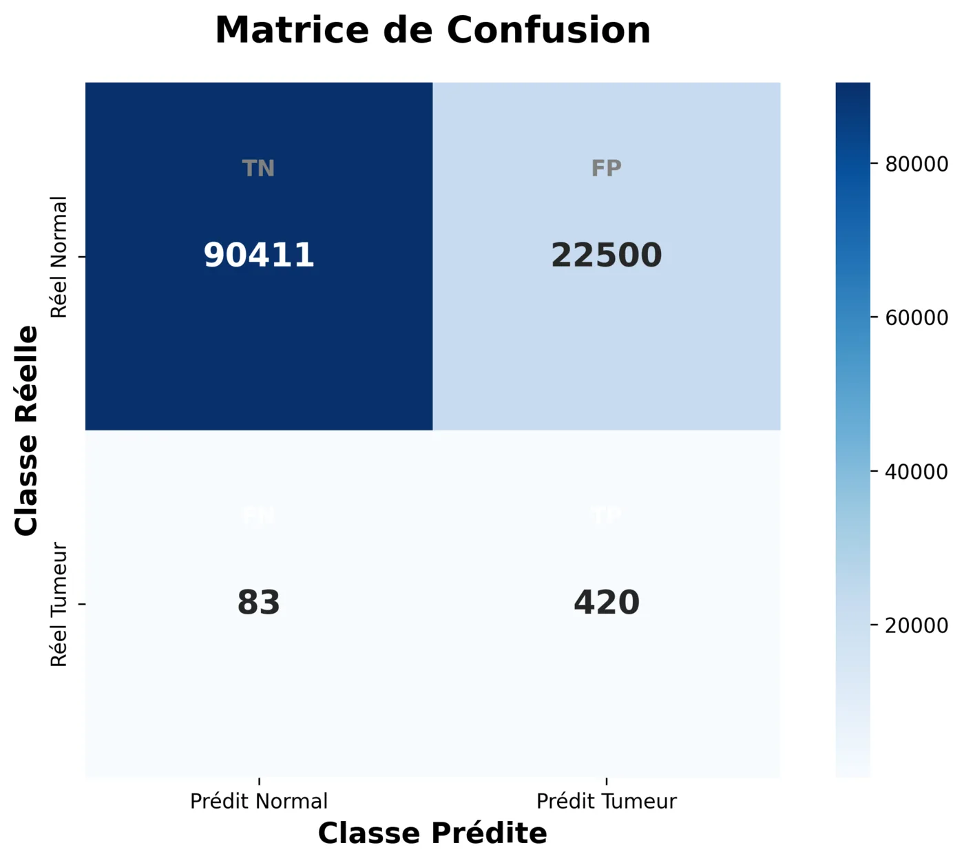 Patch-level confusion matrix: 90,411 true negatives, 22,500 false positives, 83 false negatives, 420 true positives