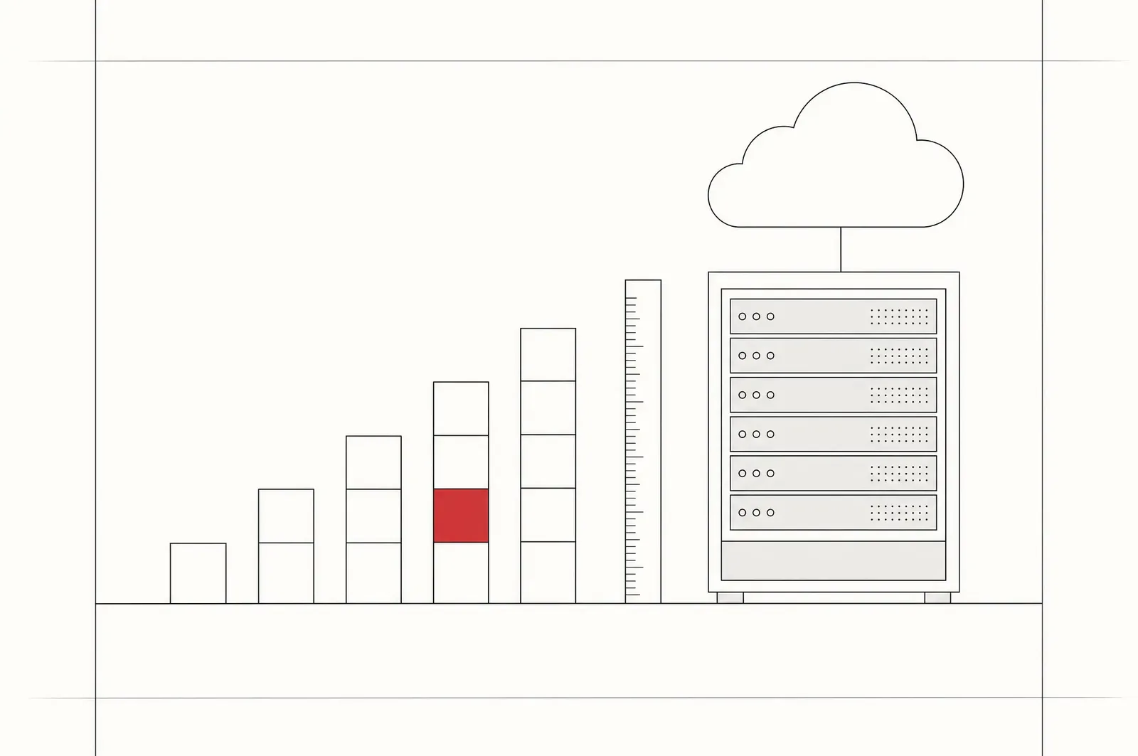 Line illustration: a stacked column chart next to a ruler, a server rack and a cloud, one block in red