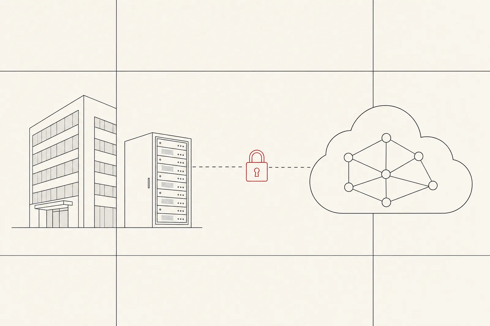 Line illustration: an office building and a server rack on the left, a cloud with nodes on the right, dashed links, a red padlock on the link