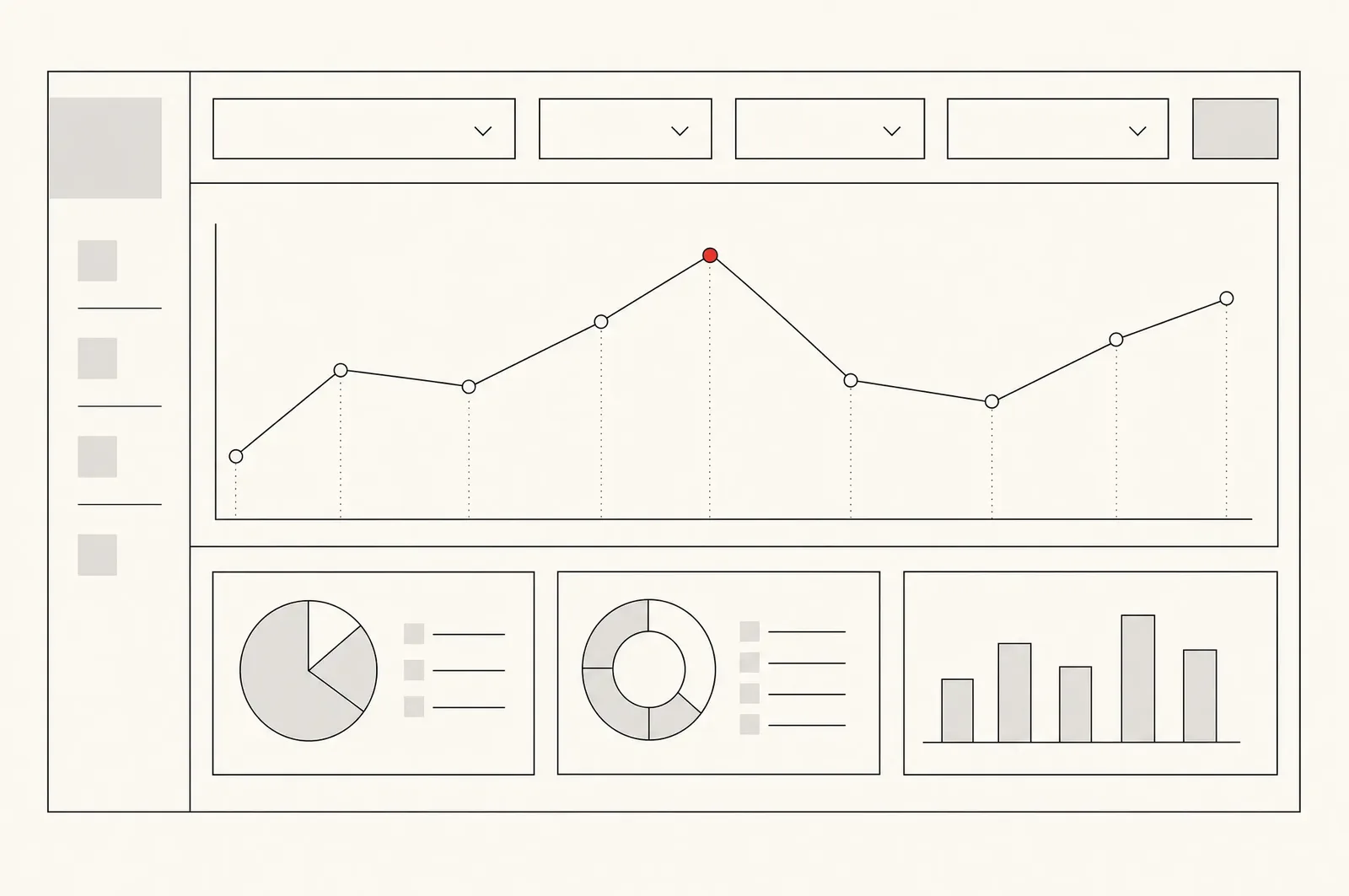 Line illustration: a dashboard wireframe with a filter bar, a large line chart and three small tiles, one red data point