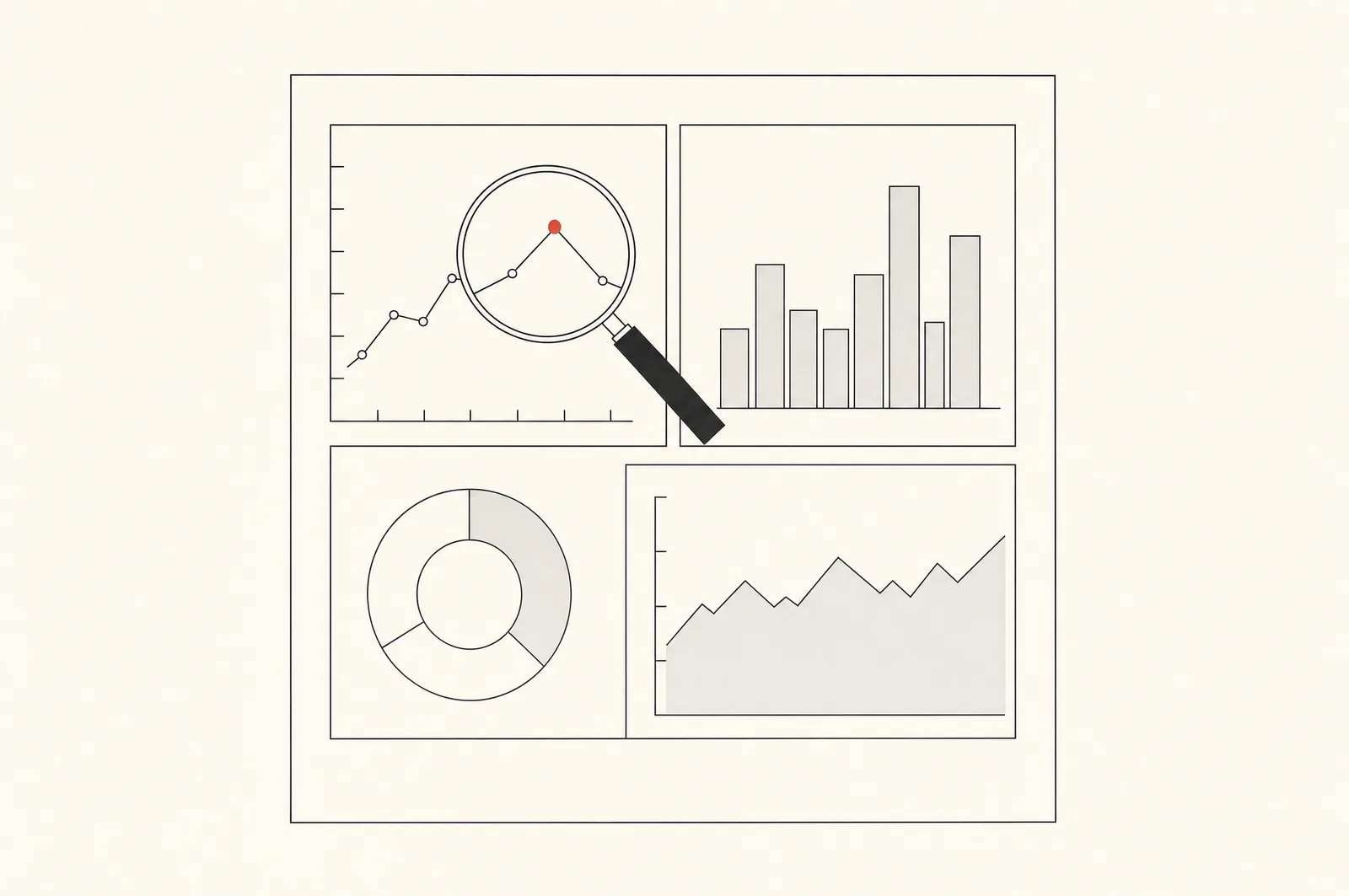 Line illustration: a report page with several small charts, a magnifying glass over one, a red data point under the glass