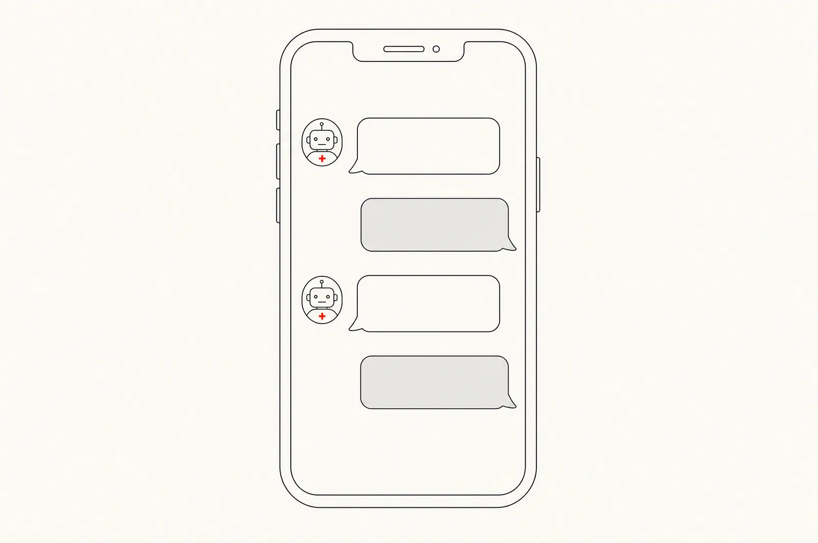 Line illustration: a smartphone showing a conversation, the assistant's bubbles carry a small robot avatar with a red medical cross