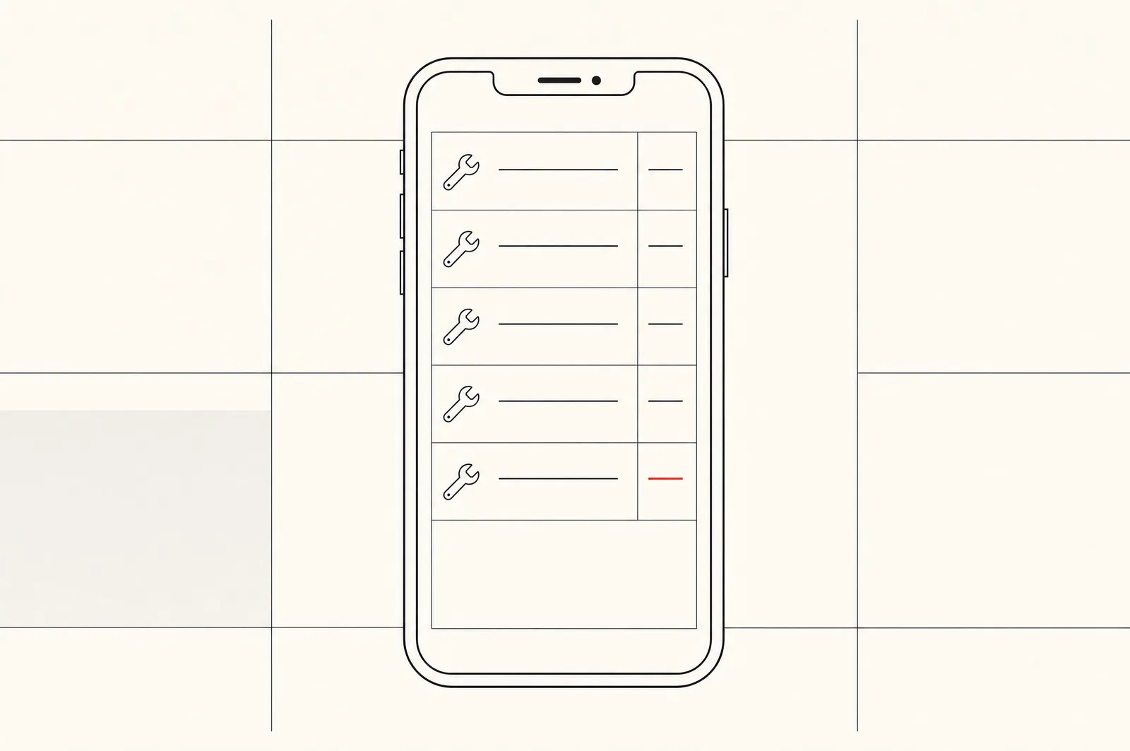 Line illustration: a smartphone showing a list of maintenance items with wrench icons and a date column, one red line marking an overdue item
