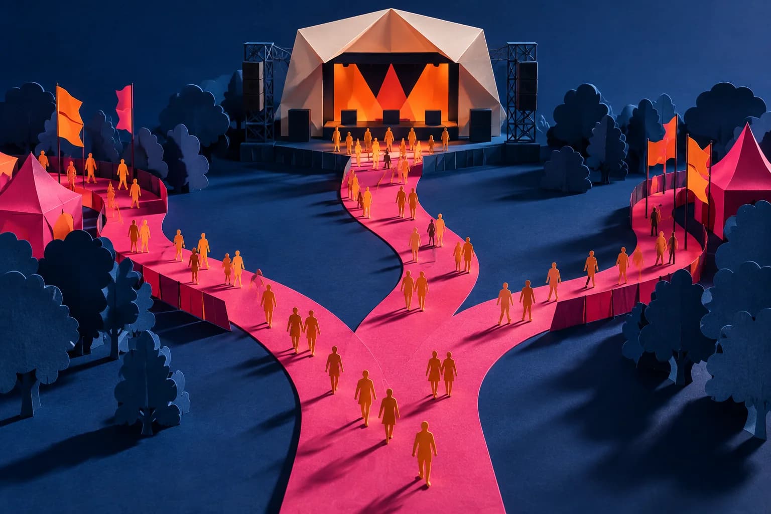 Concept image : Festival model with a stage and pink routes for visitors