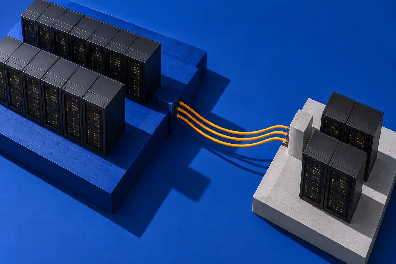 Concept image : Two miniature server rooms linked by amber cables