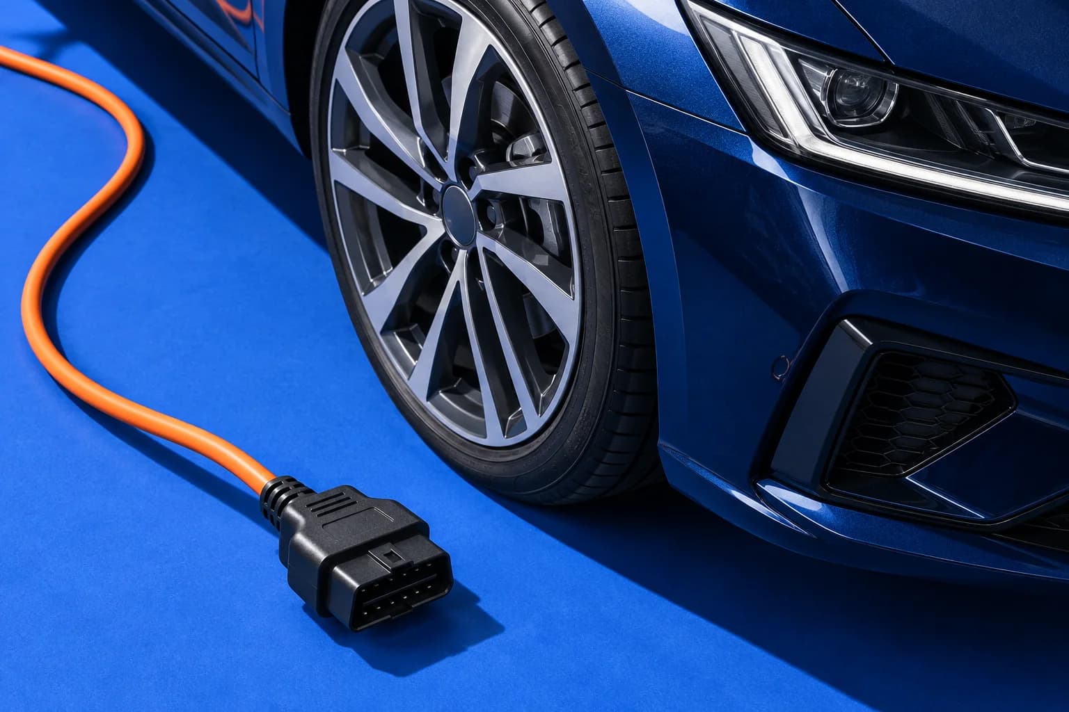 Concept image : Car wheel and orange diagnostic cable against blue