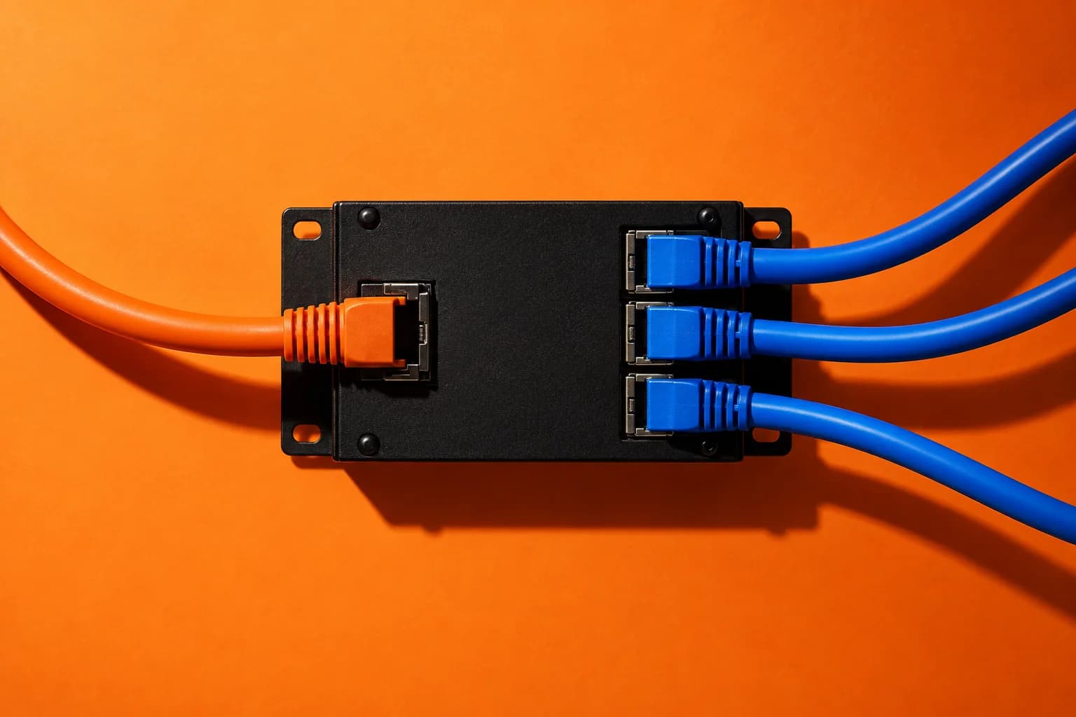 Concept image : Black network panel with one orange input cable and three blue outputs
