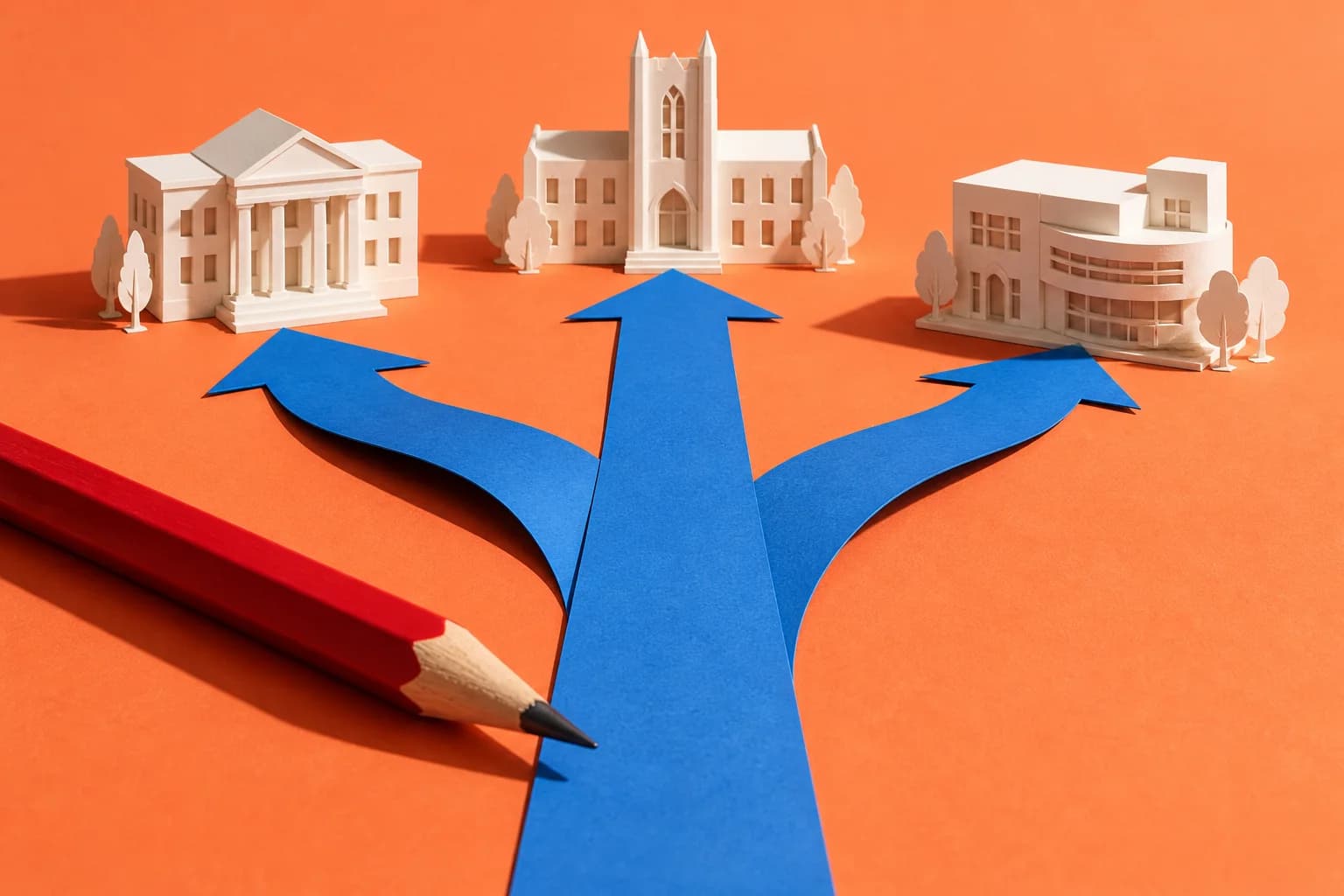 Concept image : Three blue paper pathways leading to miniature school buildings