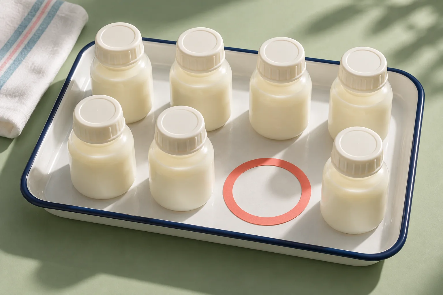 Concept image : Milk bottles on a tray with an empty place marked in coral