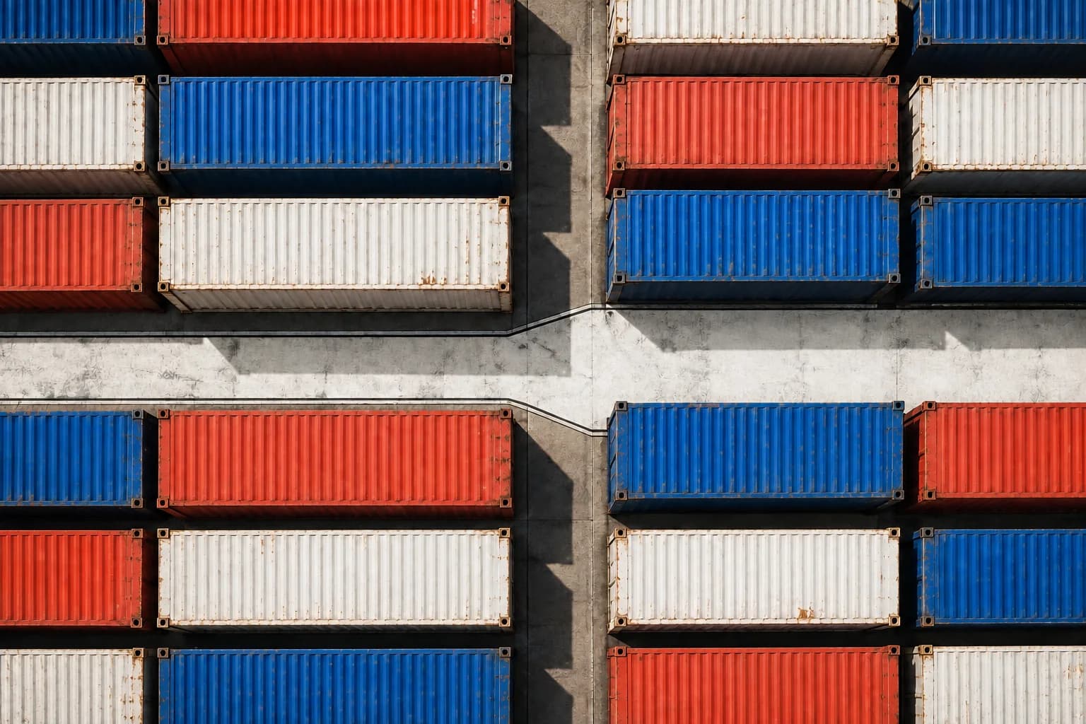 Concept image : Container-yard model with a white logistics lane between the rows