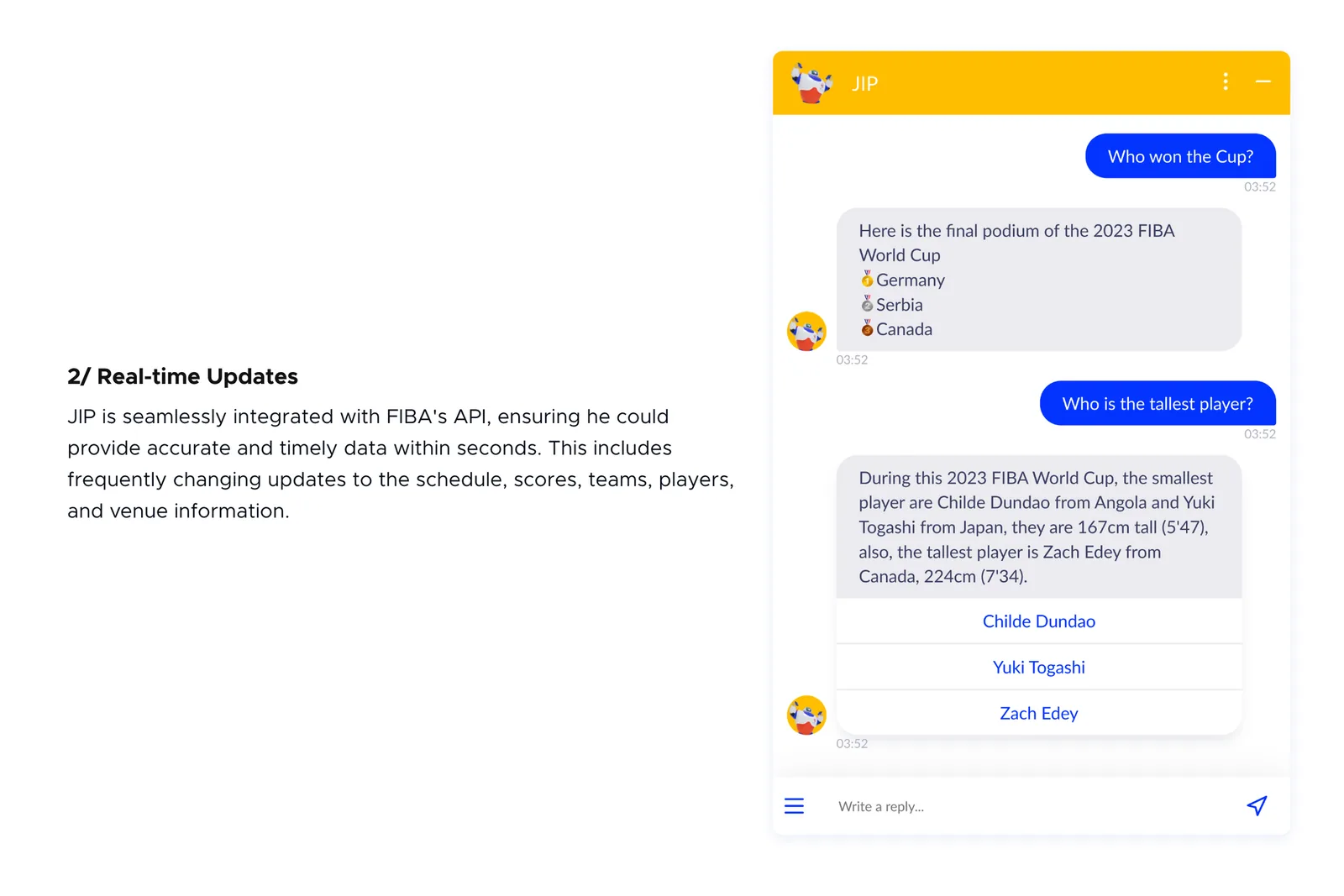 Paragraphe Real-time Updates de l'étude de cas à côté d'une conversation JIP donnant le podium final et le joueur le plus grand du tournoi