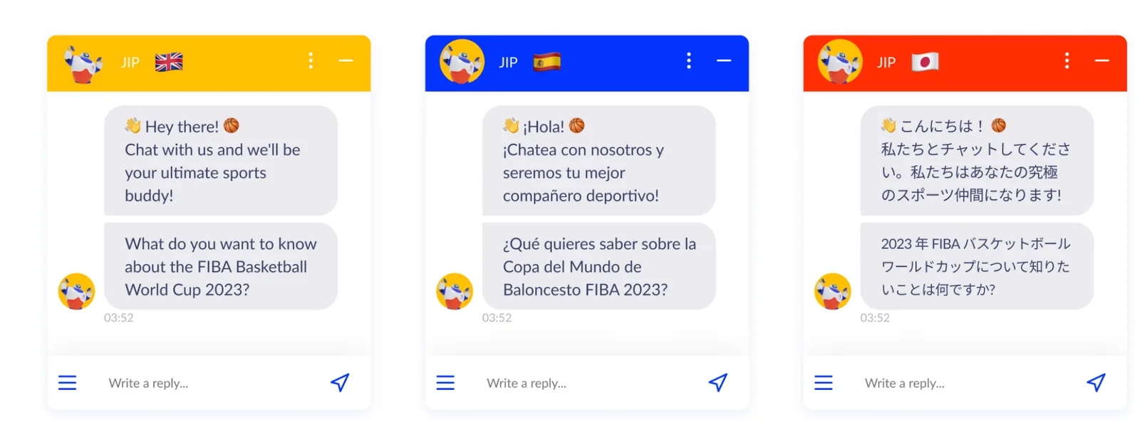 Trois fenêtres du chatbot JIP côte à côte, en anglais, espagnol et japonais