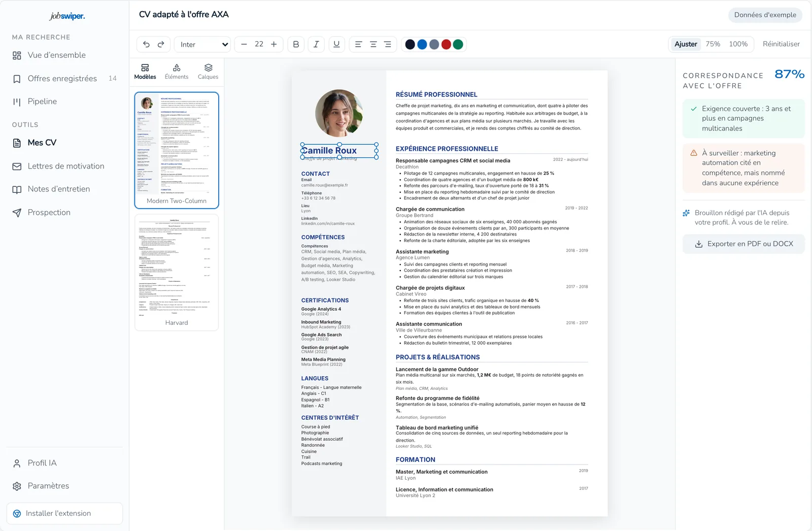 Éditeur de CV de JobSwiper : barre d'outils typographique, panneau Modèles à gauche, CV deux colonnes au centre et panneau Correspondance avec l'offre à 87 % à droite