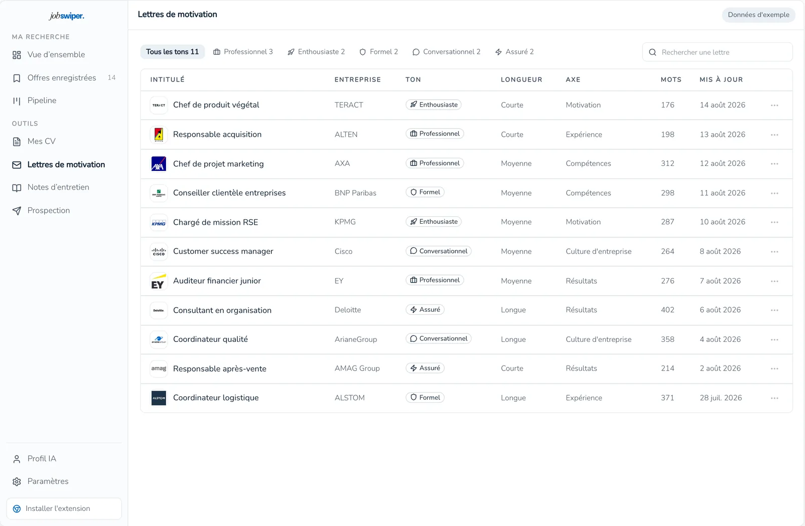 Liste des lettres de motivation de JobSwiper : filtres par ton (professionnel, enthousiaste, formel, conversationnel, assuré) et tableau intitulé, entreprise, ton, longueur, axe, mots, date