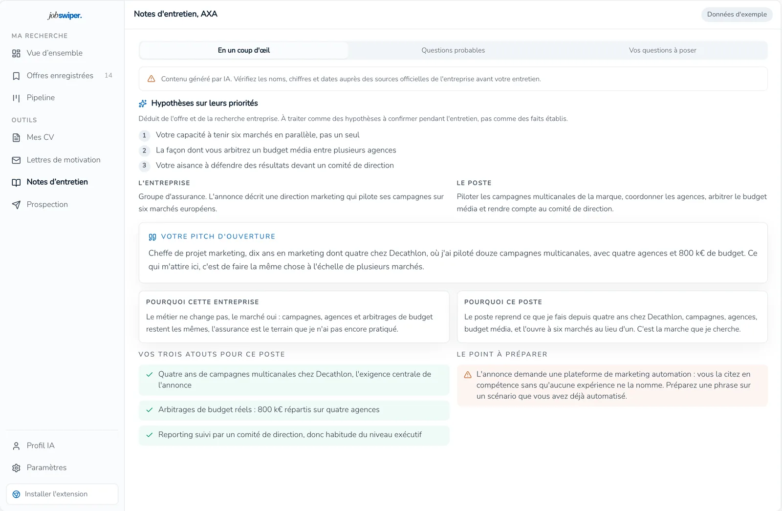 Notes d'entretien de JobSwiper pour une offre AXA : onglets En un coup d'oeil, Questions probables et Vos questions à poser, hypothèses sur les priorités, pitch d'ouverture, atouts et point à préparer