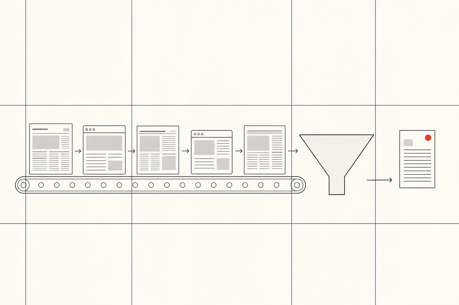 Dessin au trait : des cartes de journaux et de pages web défilent sur un convoyeur vers un entonnoir qui produit une seule fiche de synthèse marquée d'un point rouge.