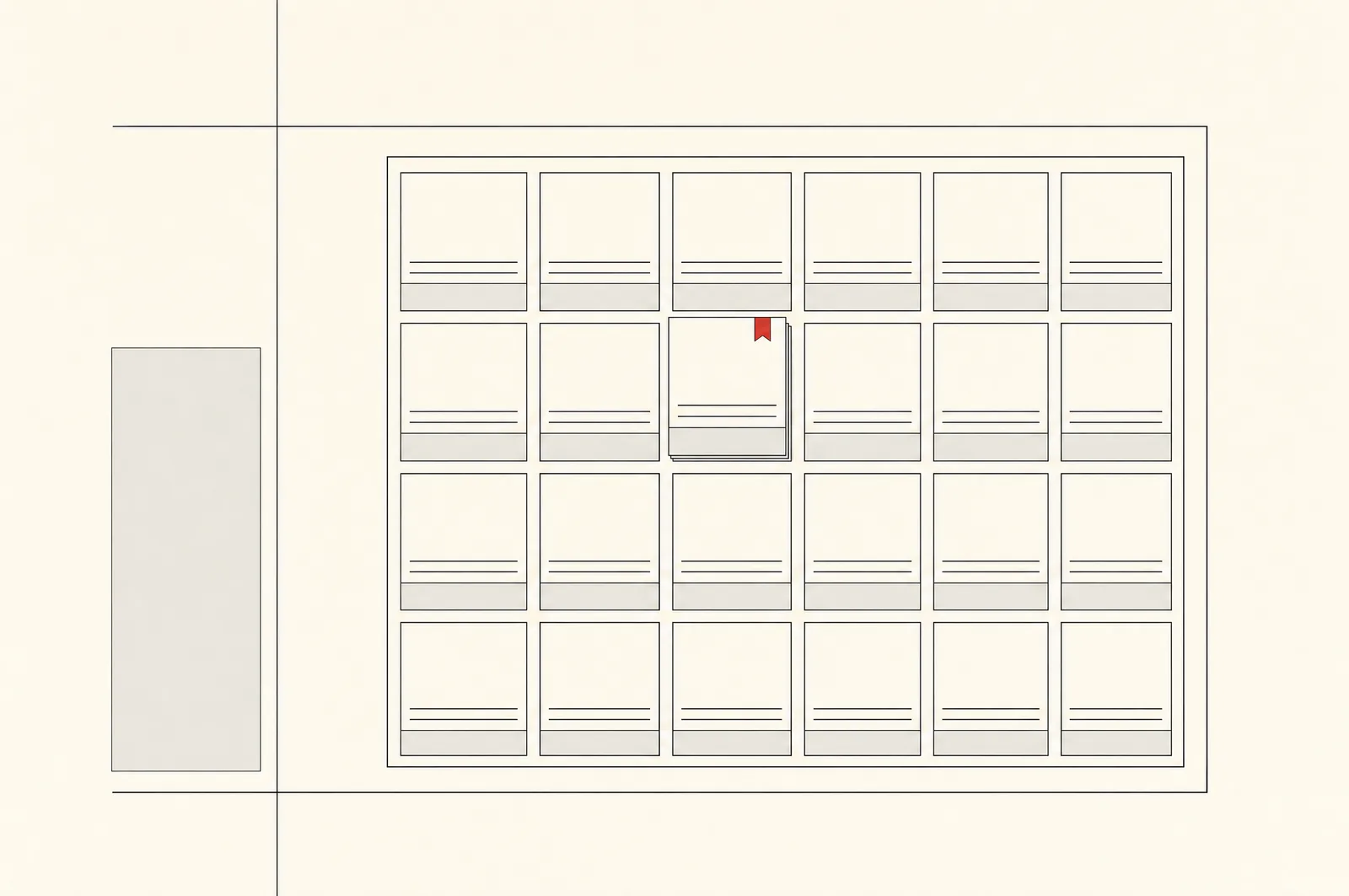 Illustration au trait : une grille de fiches d'applications identiques sur un tableau, une fiche légèrement soulevée marquée d'un petit signet rouge