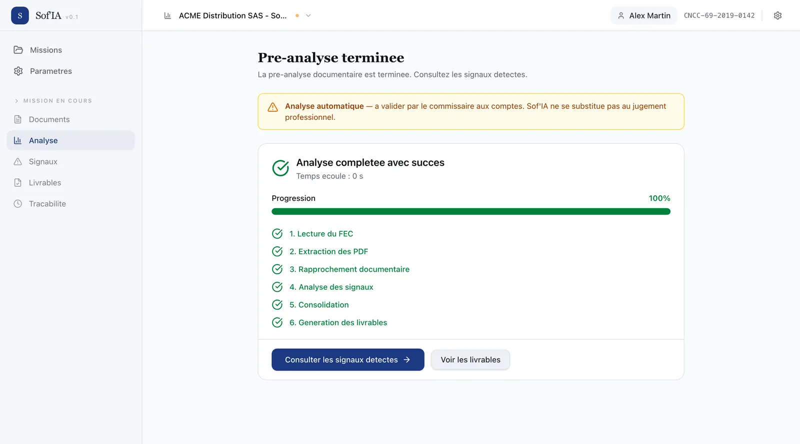 Analysis complete screen: progress bar at 100 % and six checked steps, under the banner stating the automatic analysis must be validated by the auditor