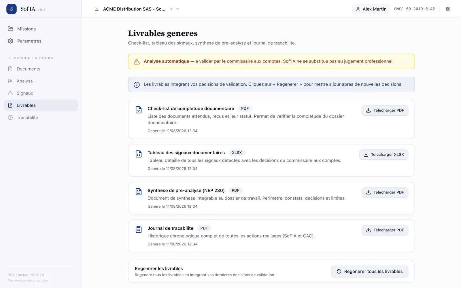 Generated deliverables screen: completeness checklist, signals table, pre-analysis summary, audit trail