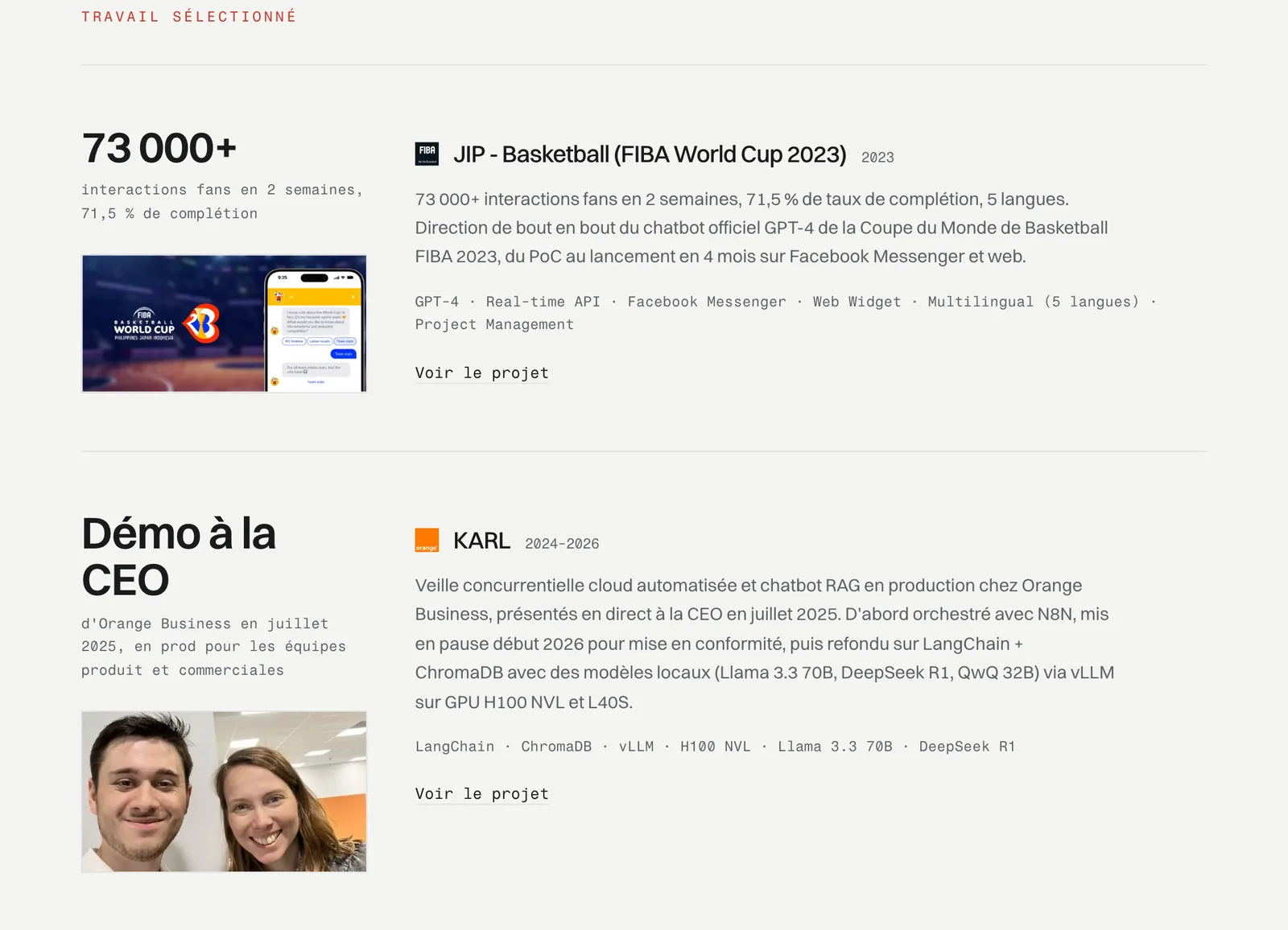 Two rows of the home ledger: 73,000+ interactions then CEO demo, each followed by the project name and description.