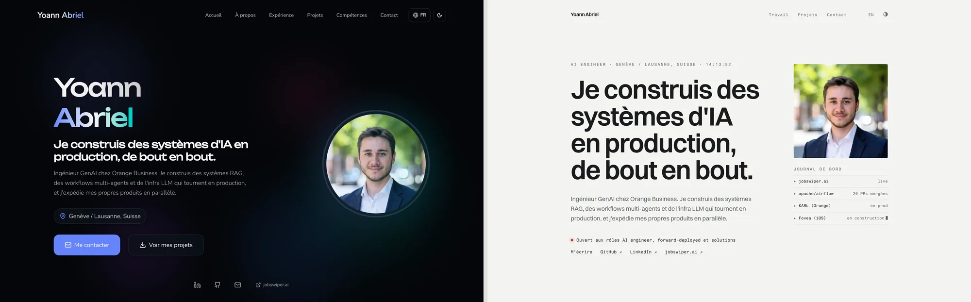 Before / after: the 2024 glassmorphism version on the left, the 2026 Swiss typographic version on the right