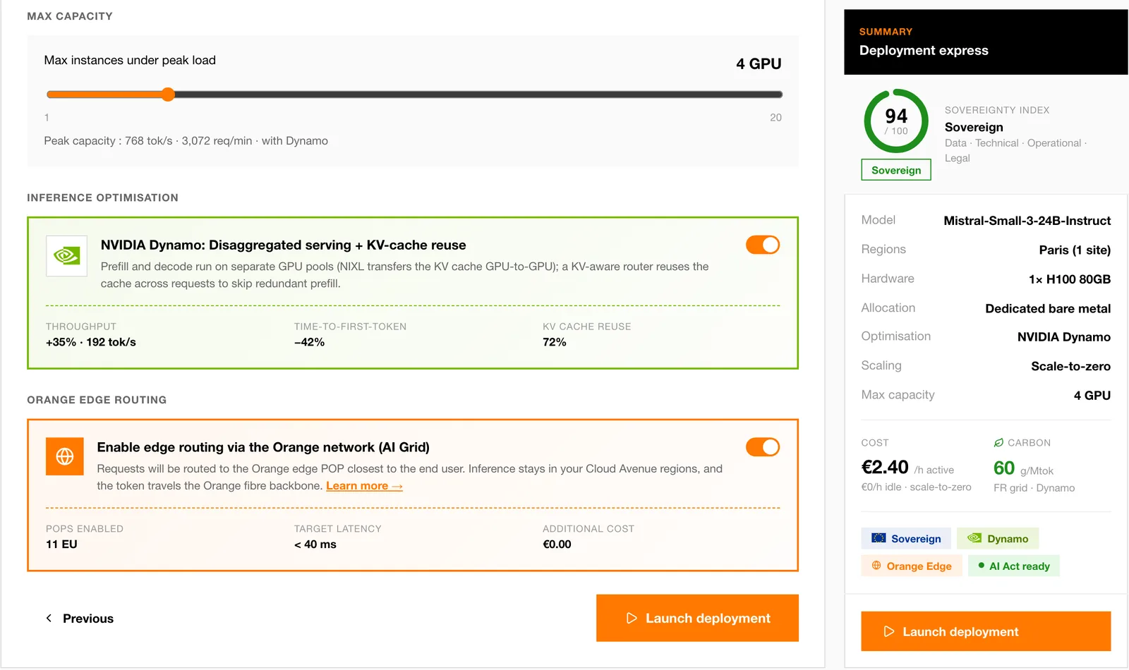 Étape Scaling de l'assistant : curseur de capacité maximale, bloc NVIDIA Dynamo (disaggregated serving et réutilisation du KV cache) et bloc de routage edge Orange, chacun avec un interrupteur activé.