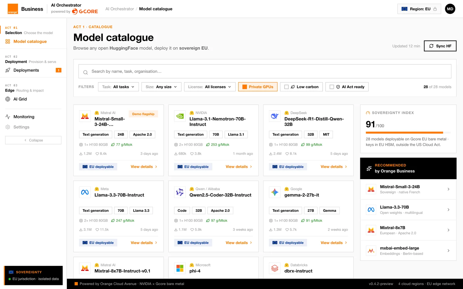 Interface du prototype AI Orchestrator : catalogue de modèles open source déployables sur une infrastructure souveraine européenne, avec Sovereignty Index