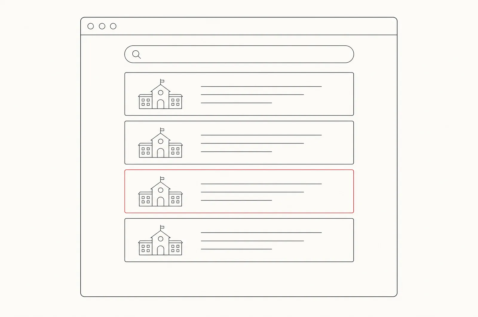 Line illustration: a browser window with a search field and four school cards, one outlined in red