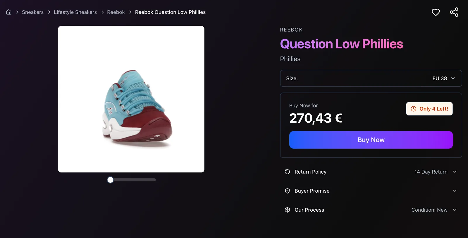 SneakR product page for a Reebok Question Low Phillies with size selector, price, buy button and return policy