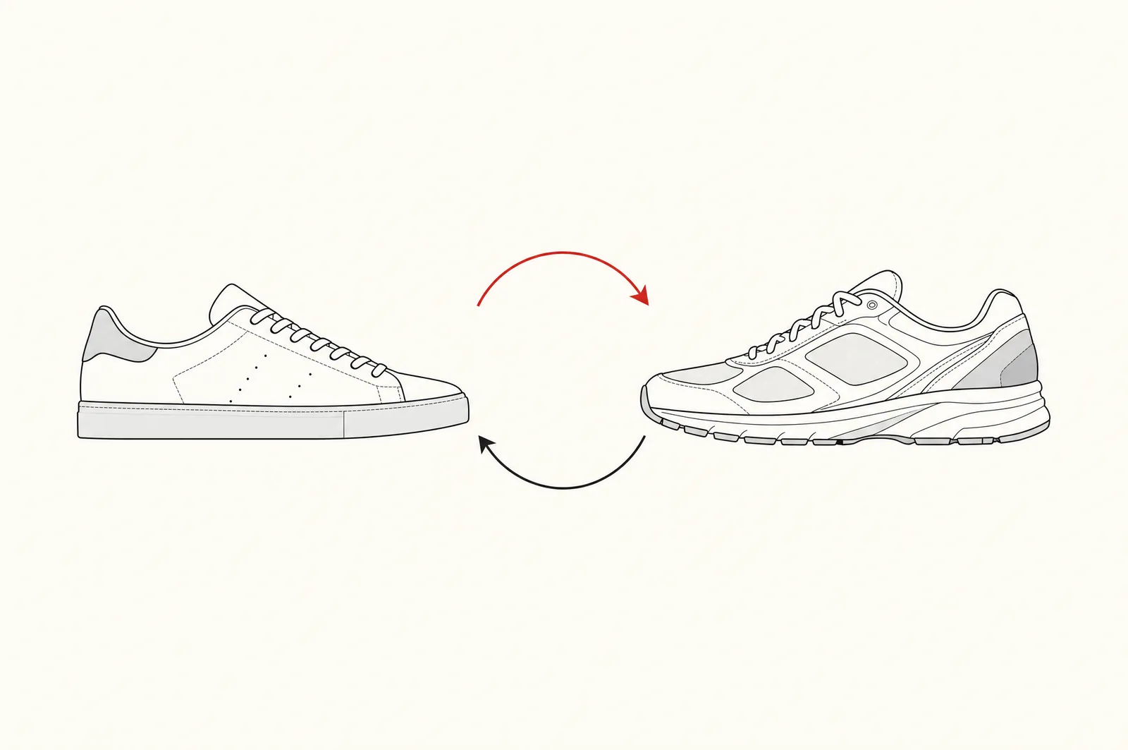 Line illustration: two sneakers in profile facing each other, linked by two curved arrows forming a circle, one of them red