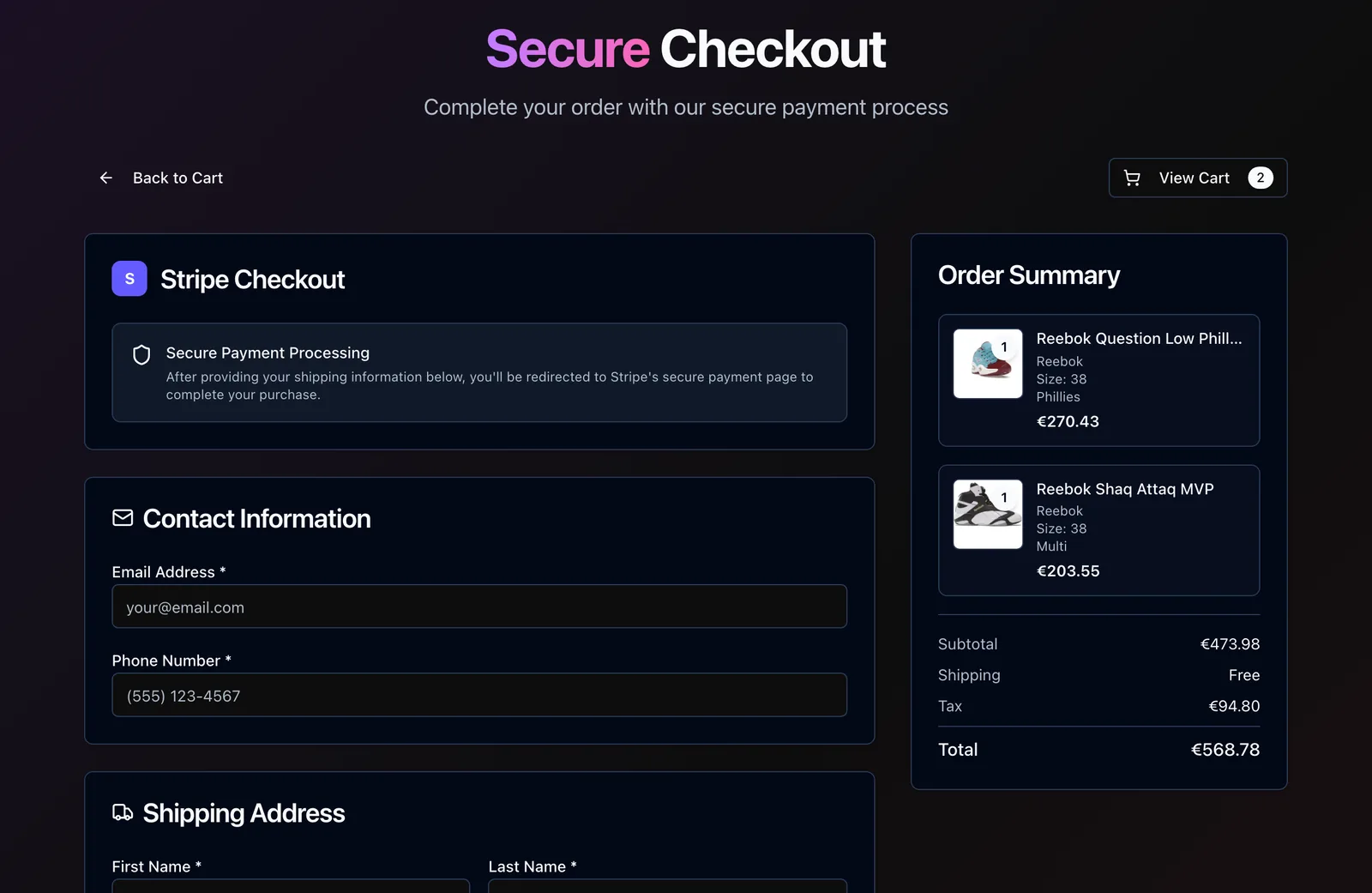SneakR checkout page: Stripe Checkout box, contact form and order summary with two pairs