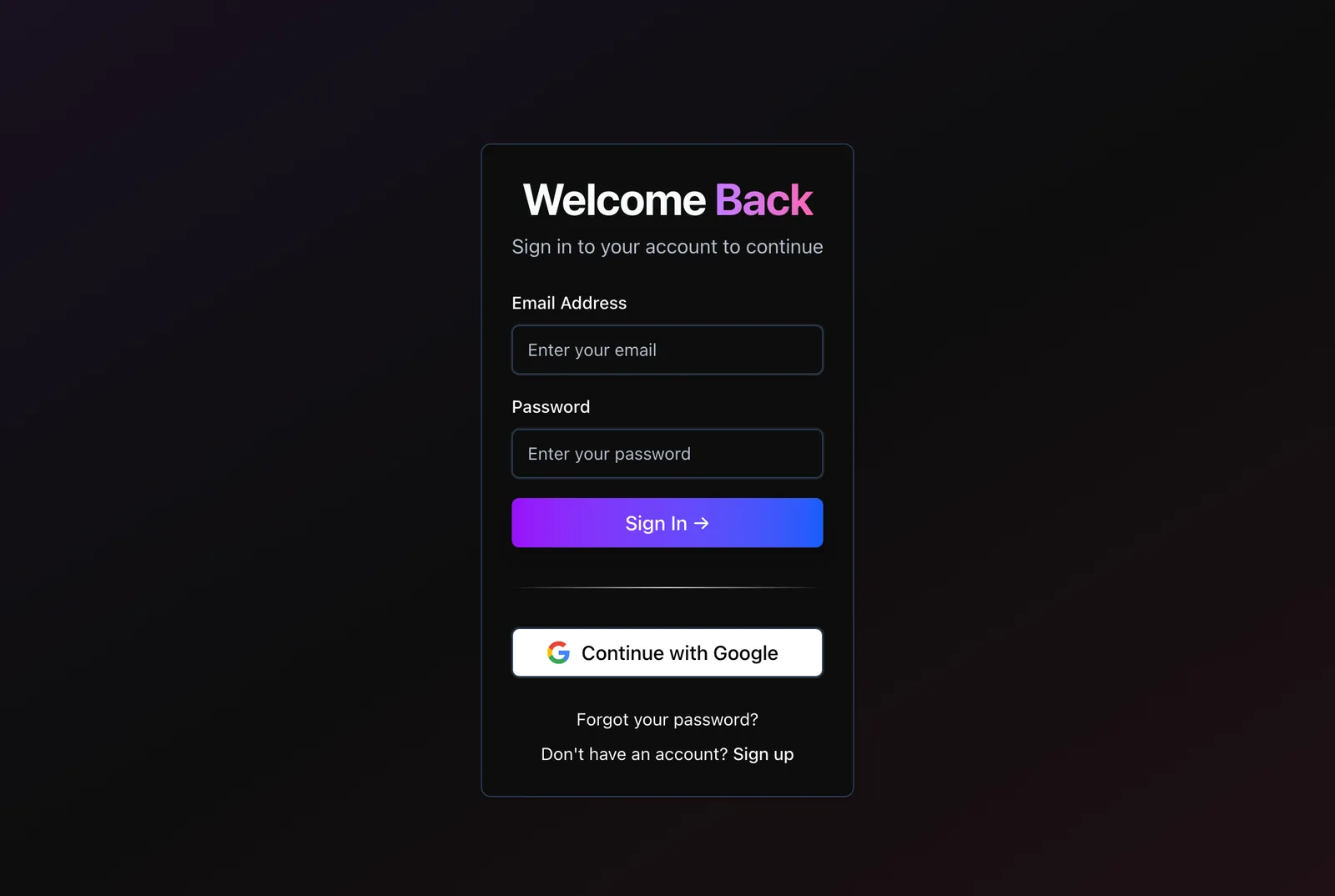 SneakR sign-in page with email and password fields and a Continue with Google button