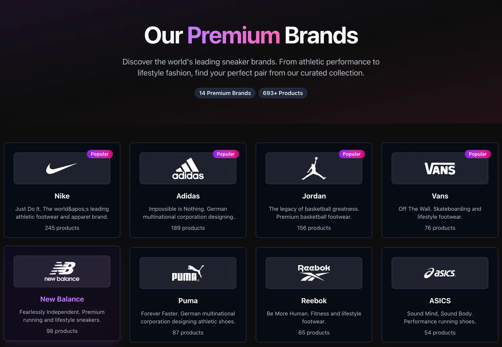 SneakR brands page: grid of Nike, Adidas, Jordan, Vans, New Balance, Puma, Reebok, ASICS cards with product counts