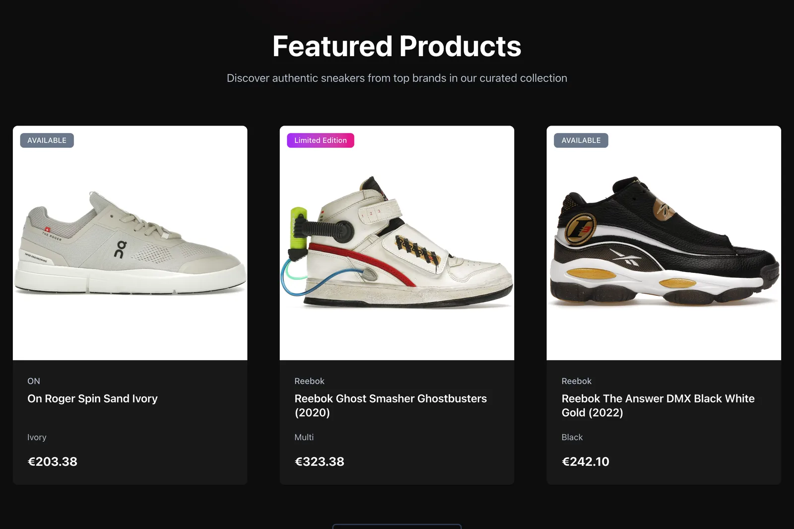 SneakR home page with three featured products