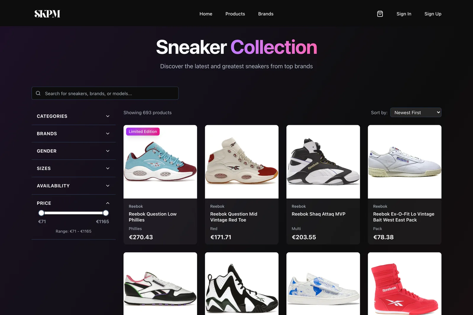 SneakR catalog: sneaker grid with filters by category, brand, gender, size, availability and price
