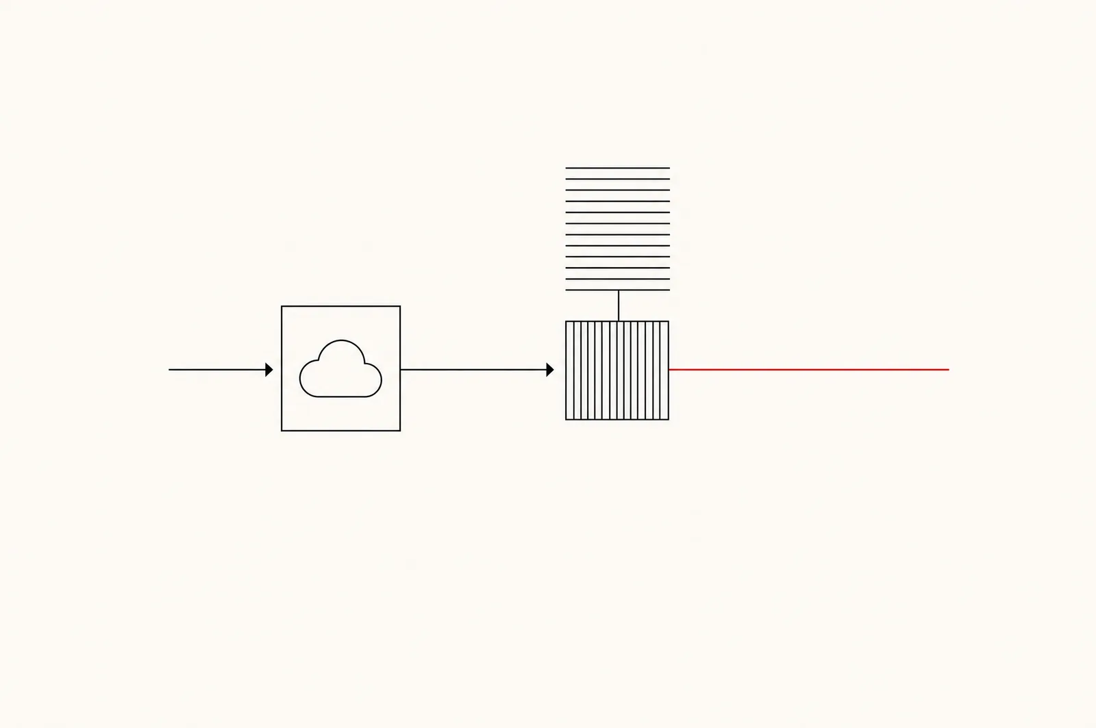 Illustration au trait : une flèche entre dans une petite boîte marquée d'un nuage, qui délègue à un module filtre en peigne d'où ne ressort qu'une seule ligne, en rouge