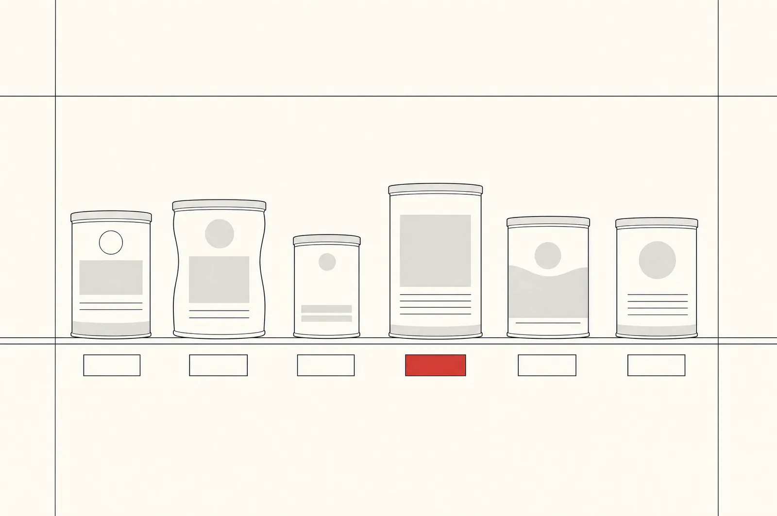 Line illustration: six infant milk tins of different brands lined up on a shelf, blank price tags below, one red tag
