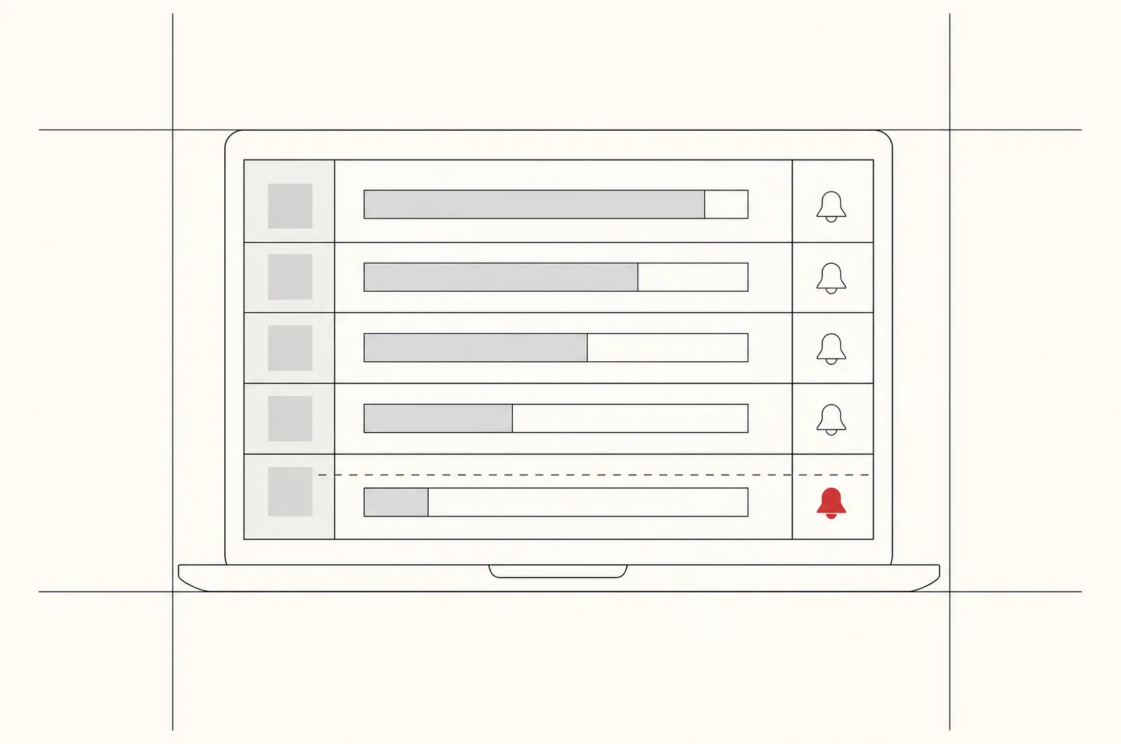 Line illustration: a laptop showing a list of stock level bars, the last one below a dashed threshold, with a red alert bell
