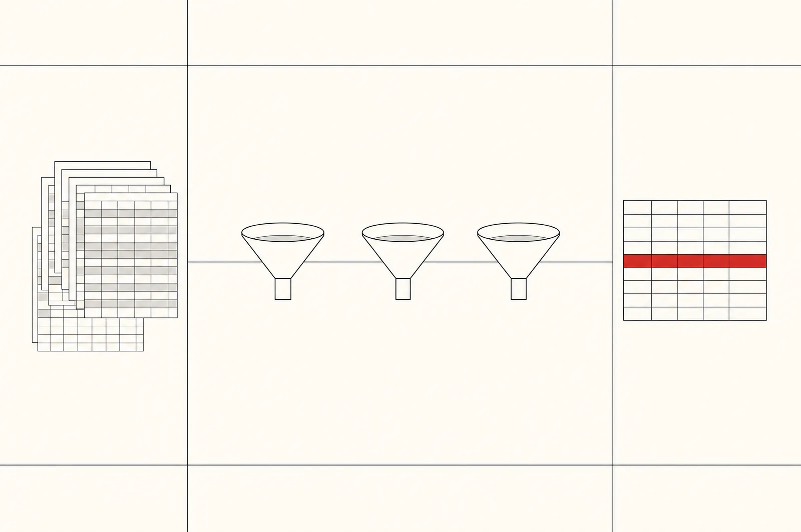 Line illustration: a stack of spreadsheet sheets passes through three funnels in a row and comes out as a single table, one red row in the table